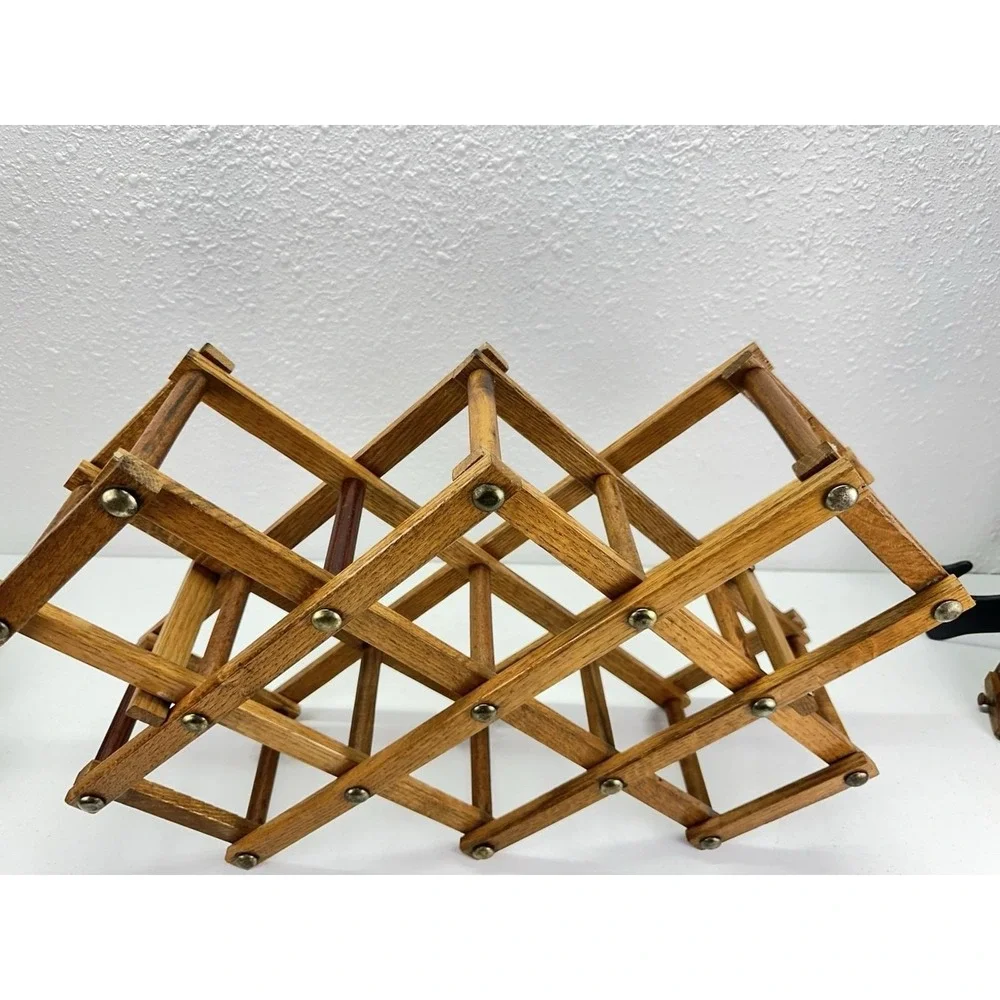 Vintage Expandable Wooden Wine Rack Accordion Style Oak Brass Tone Rivets MCM